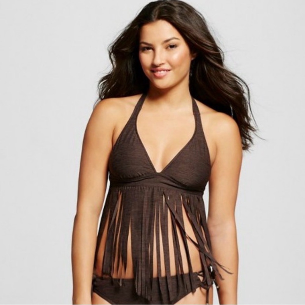 Mossimo BOHO Dark Rich Brown Fringe Halter (tie) Top